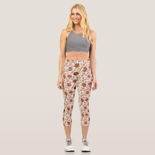 Leggings Capri Jacobean Floral Grand Motif Reds Pinks Gold Creme