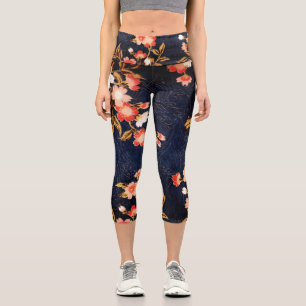 LEGGINGS CAPRI JAMBE FLORALE BLEU PROFONDE ROSE ROUGE BLANC