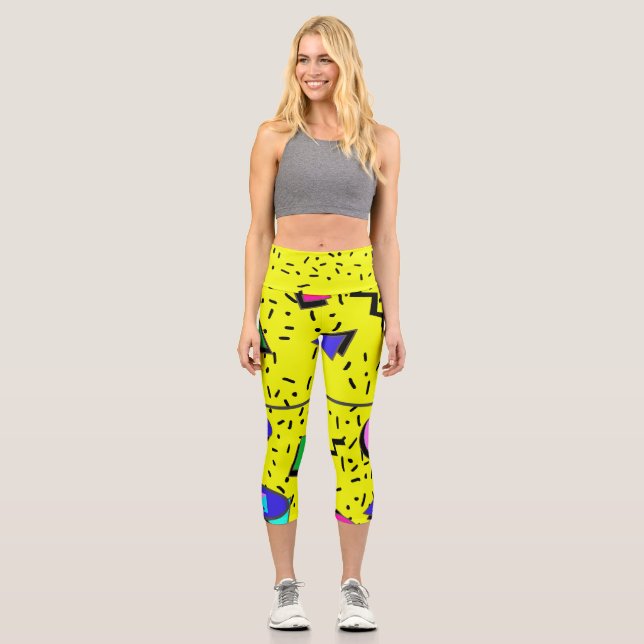 Leggings Capri Jaune 80s Memphis Style Abstrait Rétro sans coutur (Recto)