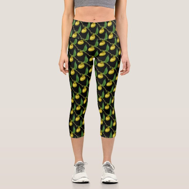 Leggings Capri Jaune Lady Slipper Orchidée Fleur Nature Motif (Recto)