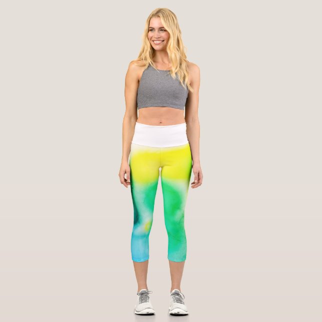 Leggings Capri Jaune Turquoise d'Art Abstrait (Recto)