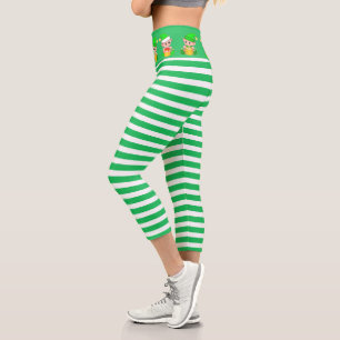 Leggings Capri Joli elfe de Noël sur rayé vert & blanc