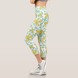 Leggings Capri Joli été motif de fleurs jaune et turquoise