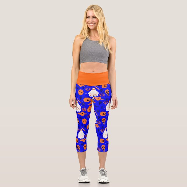 Leggings Capri joli halloween floral fantôme bleu orange (Recto)