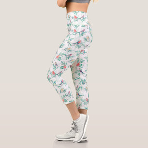 Leggings Capri Joli Oiseaux colorés Feuille Vintage blanc