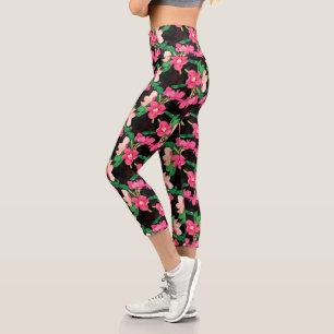 Leggings Capri Joli rose Fleurs de Fleur Peint Noir Design 