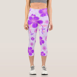 Leggings Capri Jolie impression florale violet et rose sur Lavend