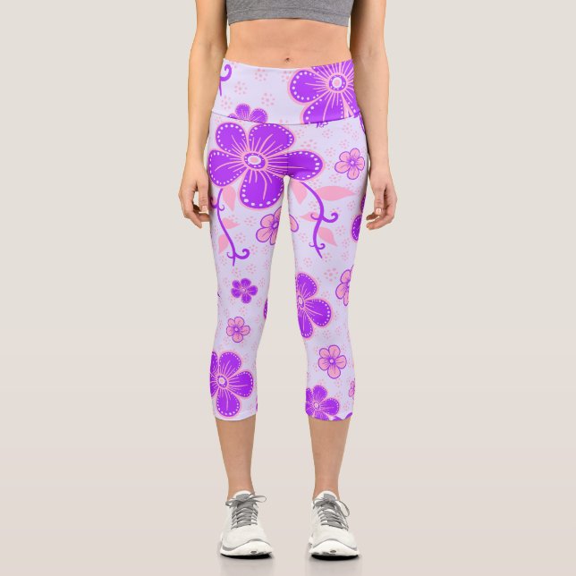 Leggings Capri Jolie impression florale violet et rose sur Lavend (Recto)
