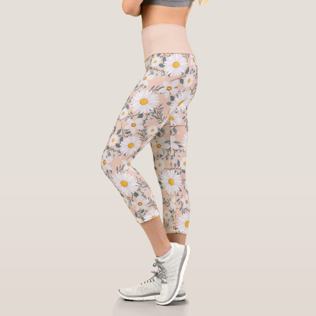 Leggings Capri Jolie Pêche Et Fleur De Daisy Blanche (Gauche)