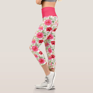 Leggings Capri Jolies Roses Aquarelles Roses Fushia et Rouge Flor