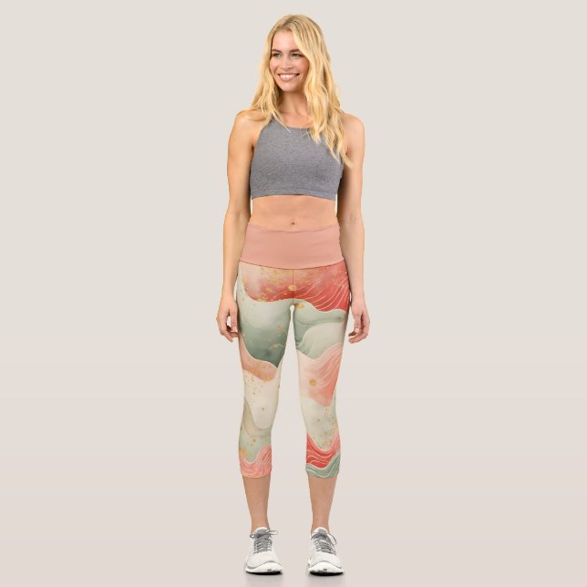 Leggings Capri Jolis tourbillons d'aquarelle design Rouge/Vert/Or (Recto)
