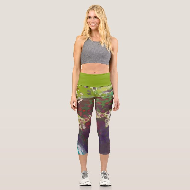 Leggings Capri Lagon de chaux, cellules vertes, violettes et blan (Recto)