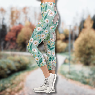 Leggings Capri Lapins mignons assis parmi des pâquerettes blanche