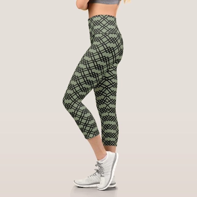 Leggings Capri Lattice moderne géométrique Noir & Sage Vert Jade (Gauche)