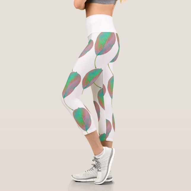 Leggings Capri Légendes d'impression à feuilles d'arbre à poires  (Gauche)