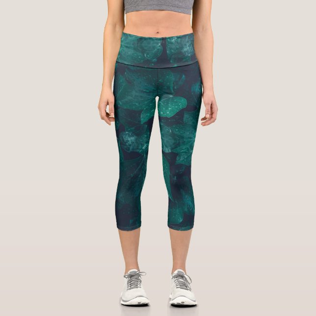 Leggings Capri Lierre vert émeraude foncé gouttes d'eau feuille (Recto)