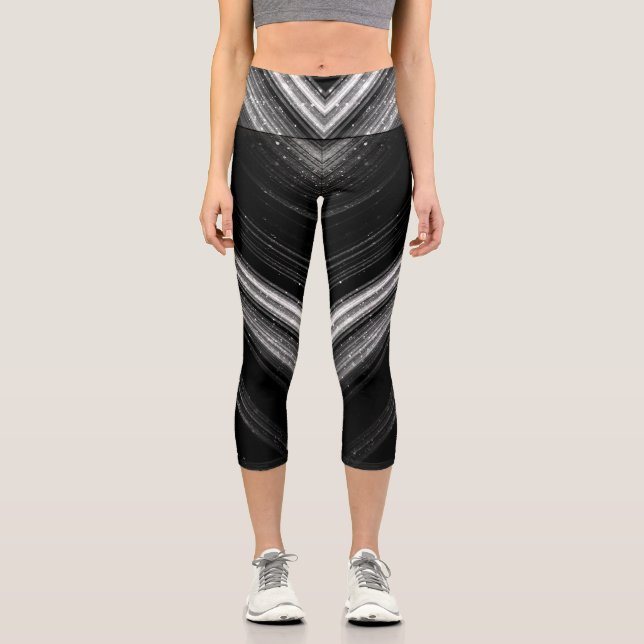 Leggings Capri Lignes de chevron de galaxie noire en argent métal (Recto)