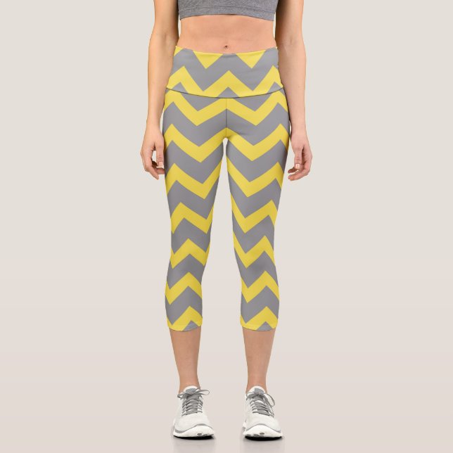 Leggings Capri Lignes de motif gris-jaune Chevron rayées (Recto)