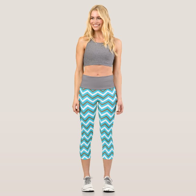 Leggings Capri Lignes géométriques bleues marron blanches en zig  (Recto)