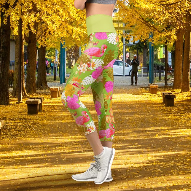 Leggings Capri Lime Vert Flamant Tropical (Tropical Flamingo Lime Green Capri Leggings)