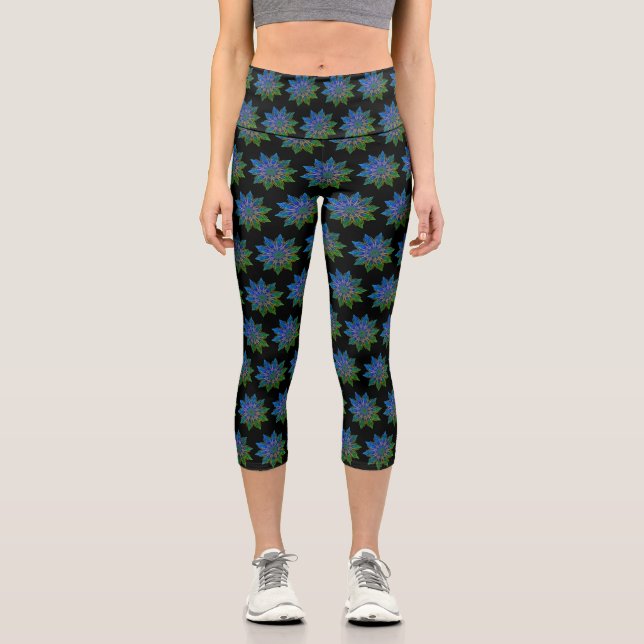 Leggings Capri Lotus Mandala turquoise et noir (Recto)