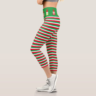 Leggings Capri Lutins de Noël sur fond rayé vert et rouge