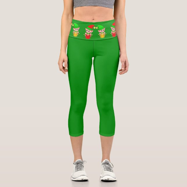 Leggings Capri Lutins de Noël sur fond vert (Recto)