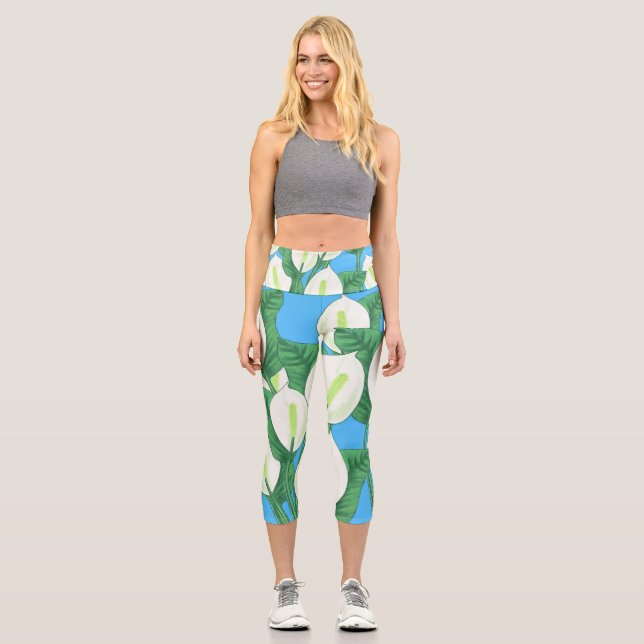 Leggings Capri Lys blancs sur arrière - plan bleu pâle (Recto)
