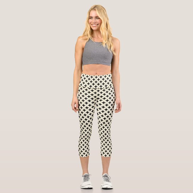 Leggings Capri Main dessinée Quatrefoil motif noir, blanc, crème (Recto)