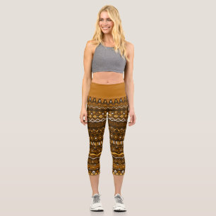 Leggings Capri Main Drawn Folk Pattern à Brown Tones