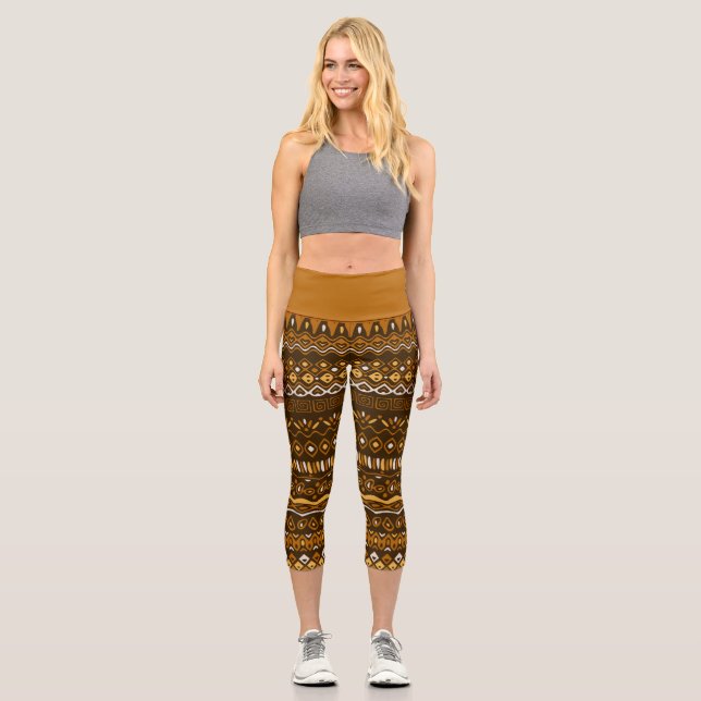 Leggings Capri Main Drawn Folk Pattern à Brown Tones (Recto)