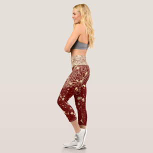 Leggings Capri Mandala enchanteur avec étoiles d'or sur rouge