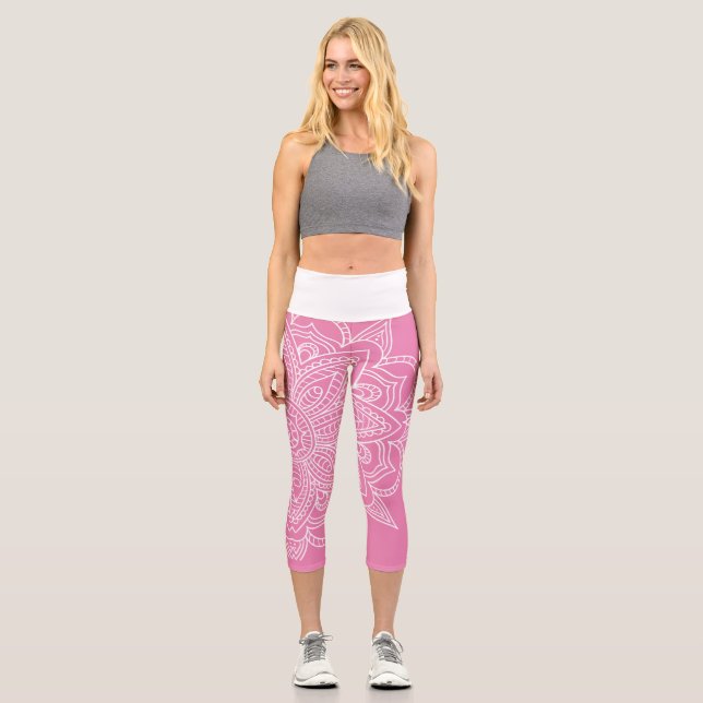 Leggings Capri Mandala Yoga rose et blanc chaud (Recto)