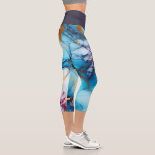 Leggings Capri Marbre Azur et Améthyste avec Veines Dorées