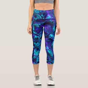 Leggings Capri Marbre Fractal Bleu Monochrome Vibrant Bohème Groo