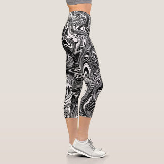 Leggings Capri Marbre Liquide Noir et Blanc Abstrait