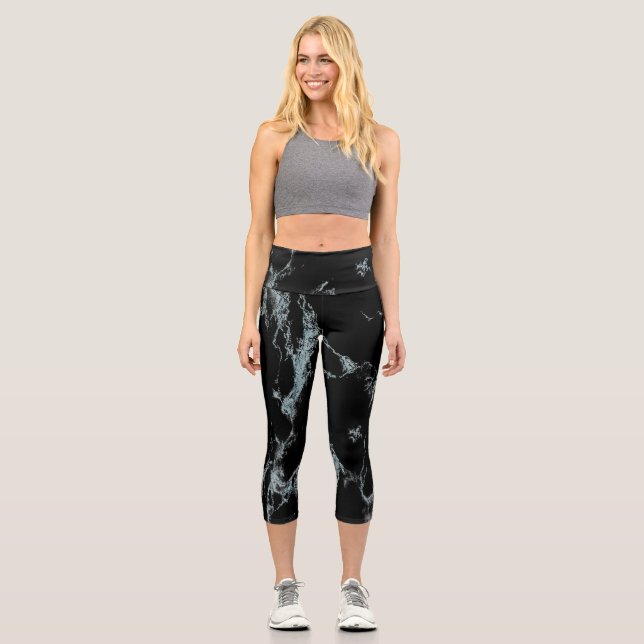 Leggings Capri Marbre noir veiné de turquoise clair (Recto)