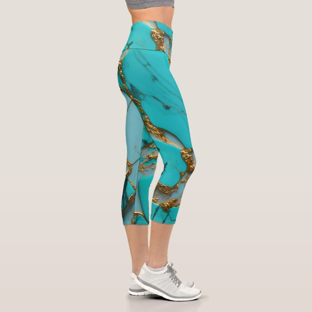 Leggings Capri Marbre Turquoise avec Veines Dorées (Droite)