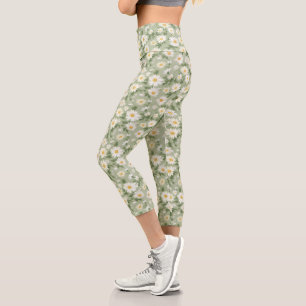 Leggings Capri Marguerites blanches sur Sage Green