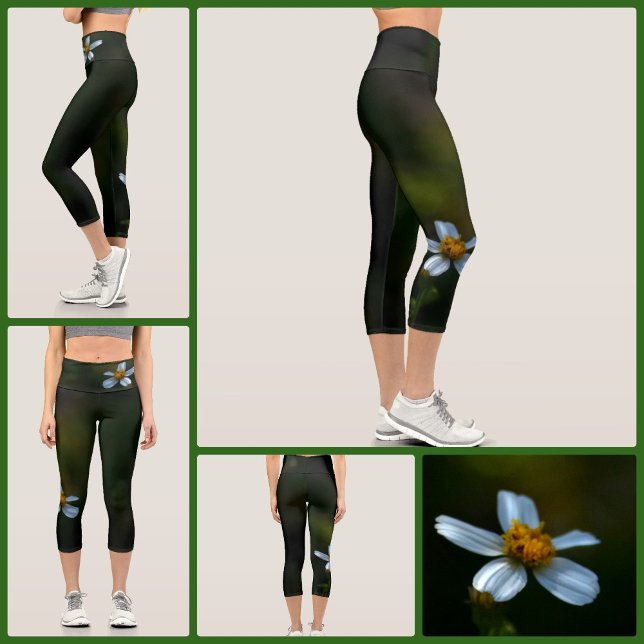 Leggings Capri Marguerites sur Floral Vert Foncé (Créateur téléchargé)