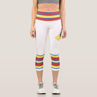 Leggings Capri Minimaliste, Cinq Rayures Rétro, Bleu Rouge Jaune
