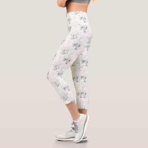 Leggings Capri Mint Green Pastel Floral Greenery Motif