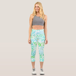Leggings Capri Modèle Floral Vintage Abstrait vert et bleu