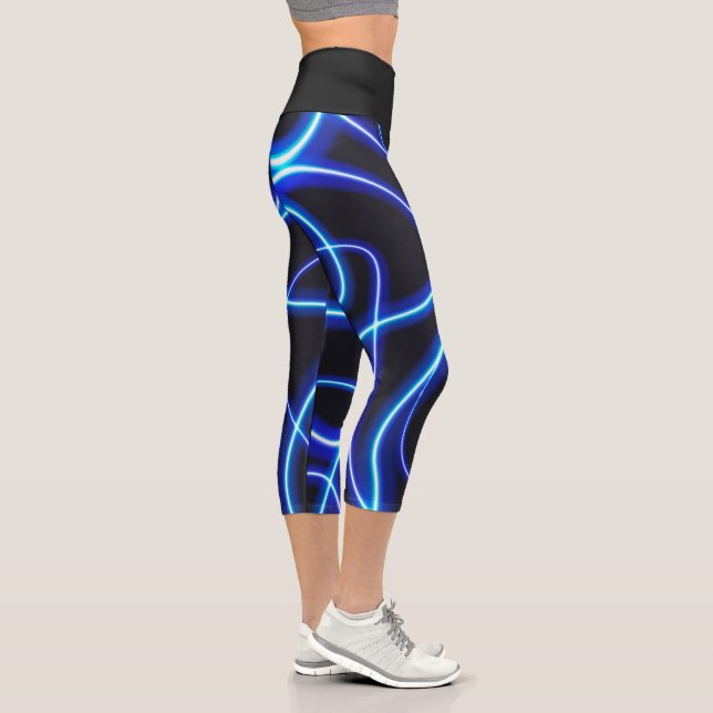 Leggings Capri Moderne Abstrait Noir Et Bleu Néon (Droite)