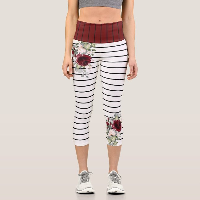 Leggings Capri Moderne noir blanc rayures Burgundy motif floral (Recto)