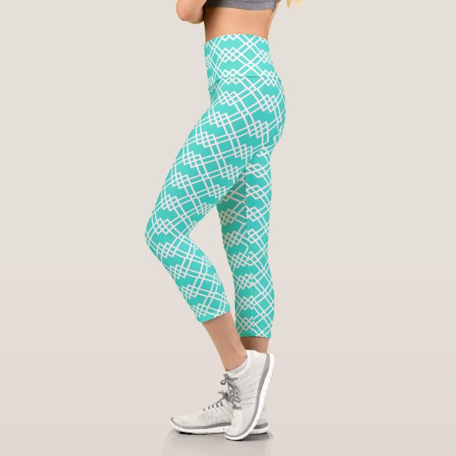Leggings Capri Moderne treillis géométrique Bright Turquoise & Bl (Gauche)
