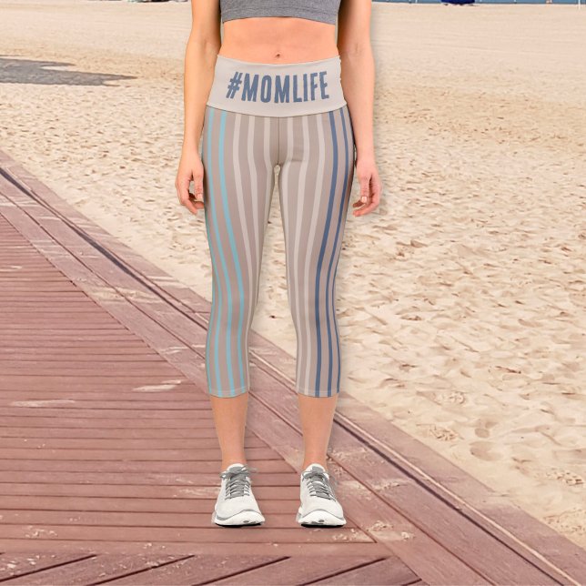 Leggings Capri Momlife moderne rayé beige et bleu (Créateur téléchargé)