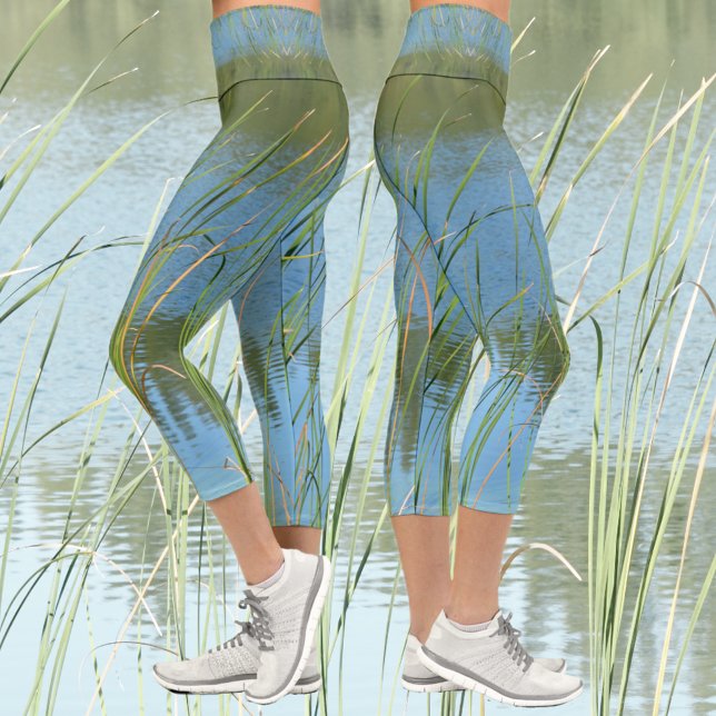 Leggings Capri Monet inspiré Lake Cattails Bleu et vert (Créateur téléchargé)