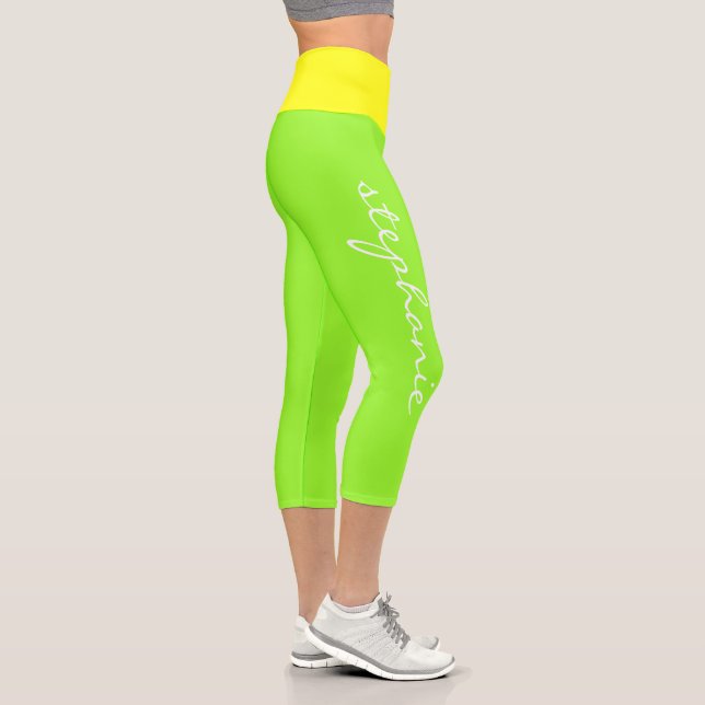 Leggings Capri Monogramme moderne personnalisé Neon Jaune Vert (Droite)