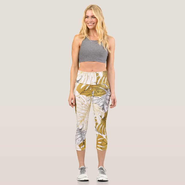 Leggings Capri Monstera Feuilles : Blanc doré (Recto)